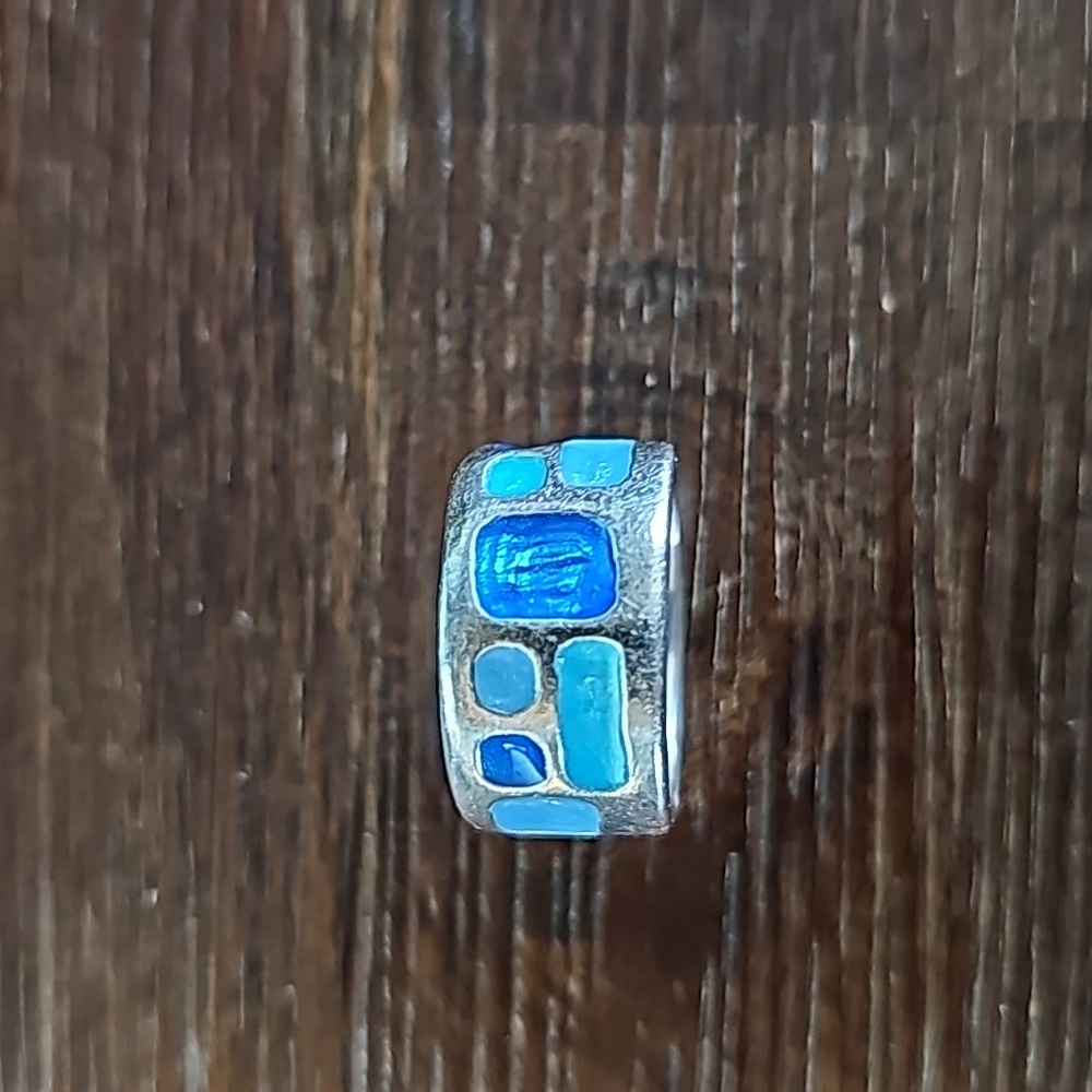 Modernist Enamel Azul Sterling Silver Ring Sz 7